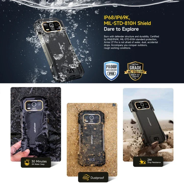 Ulefone Armor 27 Pro 頑丈スマートフォン、12GB+256GB、ナイトビジョン、10600mAh、6.78インチ Android 14 MediaTek Dimensity 6300 オクタコア、ネットワーク：5G、NFC、Armor 27 Pro