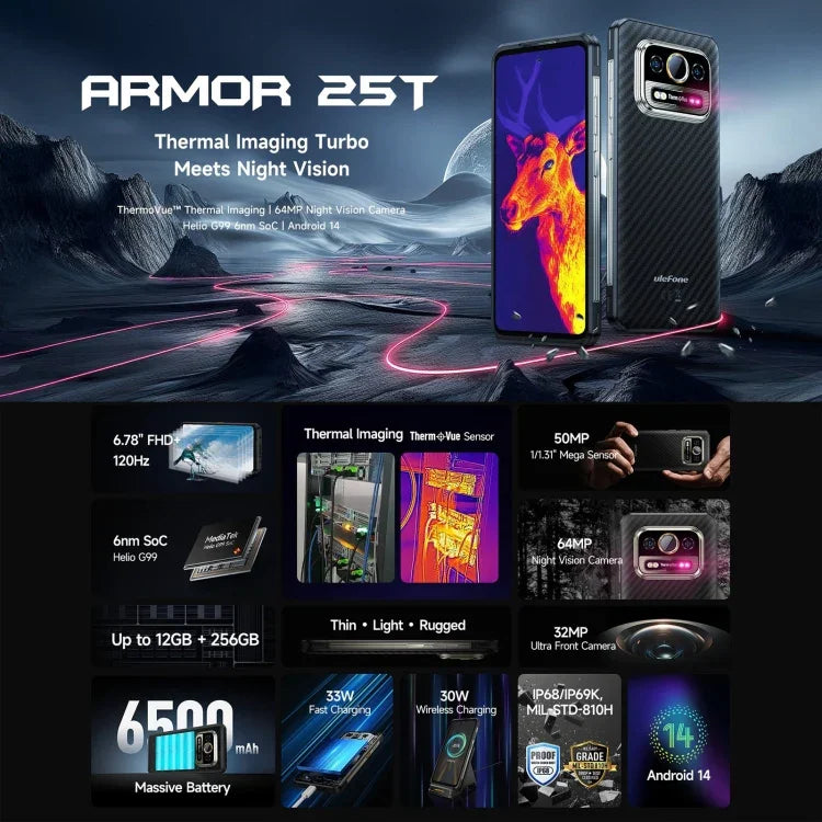 Ulefone Armor 25T 頑丈スマートフォン、6GB+256GB、サーマルイメージング、6.78インチ Android 14 MediaTek Helio G99 オクタコア、ネットワーク：4G、NFC、OTG、Armor 25T
