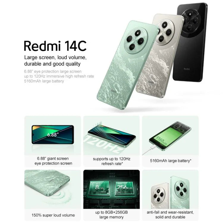 Xiaomi Redmi 14C、4GB+64GB、6.67インチ、Xiaomi HyperOS、MediaTek Helio G81-Ultra オクタコア、ネットワーク：4G、4GB+64GB
