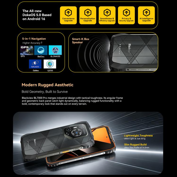 Blackview BL7000 頑丈スマホ、8GB+256GB、6.78インチ Android 15 MediaTek Dimensity 6300 オクタコア、ネットワーク：5G、NFC、OTG、8GB+256GB