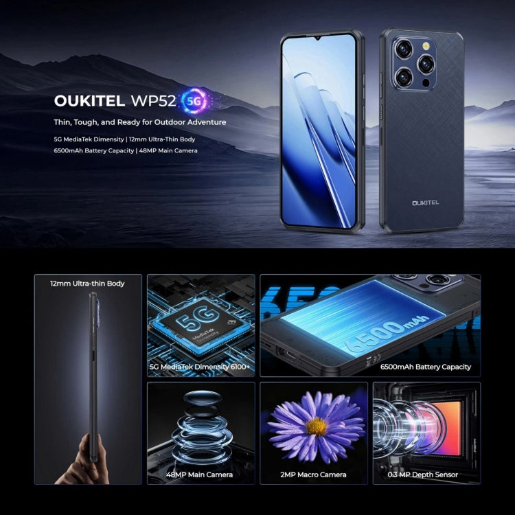 Oukitel WP52 5G 頑丈スマートフォン、4GB+256GB、6.6インチ Android 14.0 MediaTek Dimensity 6100+ オクタコア 3.0GHz、NFC、OTG、ネットワーク：5G、WP52