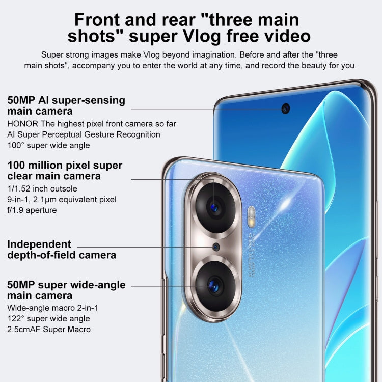 トリプル背面カメラ、画面内指紋認証、6.78インチ Magic UI 5.0、Qualcomm Snapdragon 778G Plus 6nm オクタコア 最大2.5GHz、ネットワーク：5G、OTG、NFC、Google Play非対応、60 Pro 5G 8GB+256GB