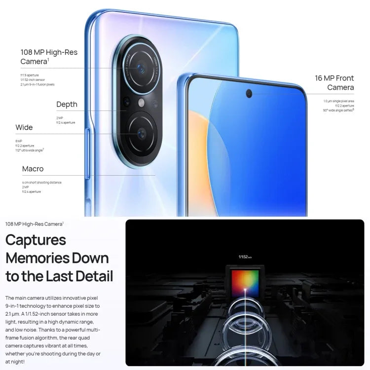 クアッド背面カメラ、側面指紋認証、6.78インチ HarmonyOS 2.0.1、Qualcomm Snapdragon 680 オクタコア 最大2.4GHz、ネットワーク：4G、OTG、Google Play非対応、8GB+128GB
