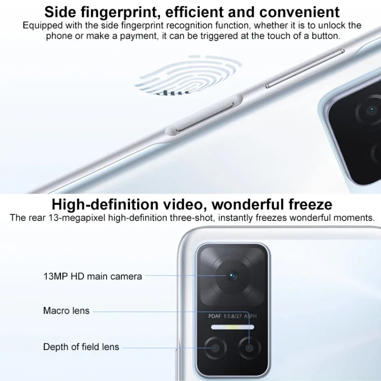 トリプルバックカメラ、側面指紋認証、5000mAhバッテリー、6.74インチ Magic UI 5.0（Android 11）MediaTek Dimensity 700 オクタコア 最大2.2GHz、ネットワーク：5G、OTG、Google Play非対応、8GB+128GB