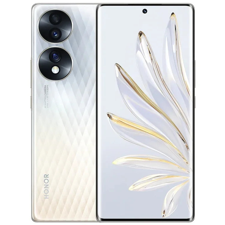 トリプル背面カメラ、画面内指紋認証、6.67インチ Magic UI 6.1、Qualcomm Snapdragon 778G Plus オクタコア 最大2.5GHz、ネットワーク：5G、OTG、NFC、Google Play非対応、Honor 70 5G 12GB+512GB