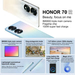 トリプル背面カメラ、画面内指紋認証、6.67インチ Magic UI 6.1、Qualcomm Snapdragon 778G Plus オクタコア 最大2.5GHz、ネットワーク：5G、OTG、NFC、Google Play非対応、Honor 70 5G 12GB+512GB
