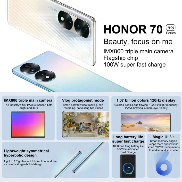 トリプル背面カメラ、画面内指紋認証、6.67インチ Magic UI 6.1、Qualcomm Snapdragon 778G Plus オクタコア 最大2.5GHz、ネットワーク：5G、OTG、NFC、Google Play非対応、Honor 70 5G 12GB+512GB