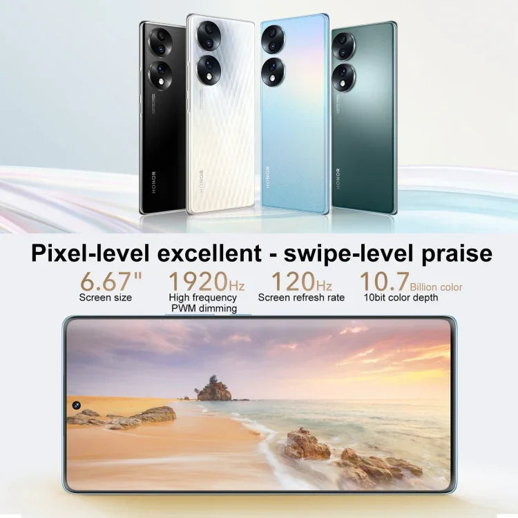 トリプル背面カメラ、画面内指紋認証、6.67インチ Magic UI 6.1、Qualcomm Snapdragon 778G Plus オクタコア 最大2.5GHz、ネットワーク：5G、OTG、NFC、Google Play非対応、Honor 70 5G 12GB+512GB