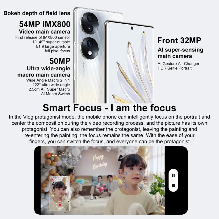 トリプル背面カメラ、画面内指紋認証、6.67インチ Magic UI 6.1、Qualcomm Snapdragon 778G Plus オクタコア 最大2.5GHz、ネットワーク：5G、OTG、NFC、Google Play非対応、Honor 70 5G 12GB+512GB