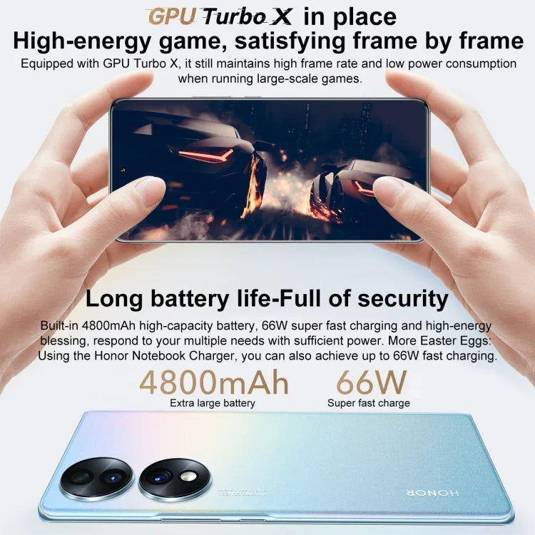 トリプル背面カメラ、画面内指紋認証、6.67インチ Magic UI 6.1、Qualcomm Snapdragon 778G Plus オクタコア 最大2.5GHz、ネットワーク：5G、OTG、NFC、Google Play非対応、Honor 70 5G 12GB+512GB