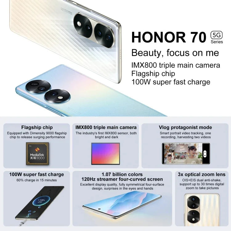 トリプル背面カメラ、画面内指紋認証、6.78インチ Magic UI 6.1、Dimensity 9000 オクタコア 最大3.05GHz、ネットワーク：5G、OTG、NFC、Google Play非対応、Honor 70 Pro+ 5G 8GB+256GB