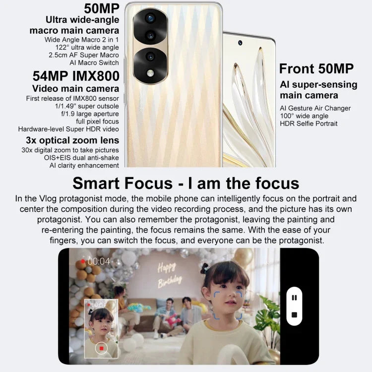 トリプル背面カメラ、画面内指紋認証、6.78インチ Magic UI 6.1、Dimensity 9000 オクタコア 最大3.05GHz、ネットワーク：5G、OTG、NFC、Google Play非対応、Honor 70 Pro+ 5G 8GB+256GB