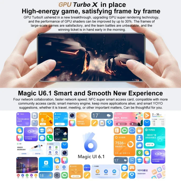 トリプル背面カメラ、画面内指紋認証、6.78インチ Magic UI 6.1、Dimensity 9000 オクタコア 最大3.05GHz、ネットワーク：5G、OTG、NFC、Google Play非対応、Honor 70 Pro+ 5G 8GB+256GB