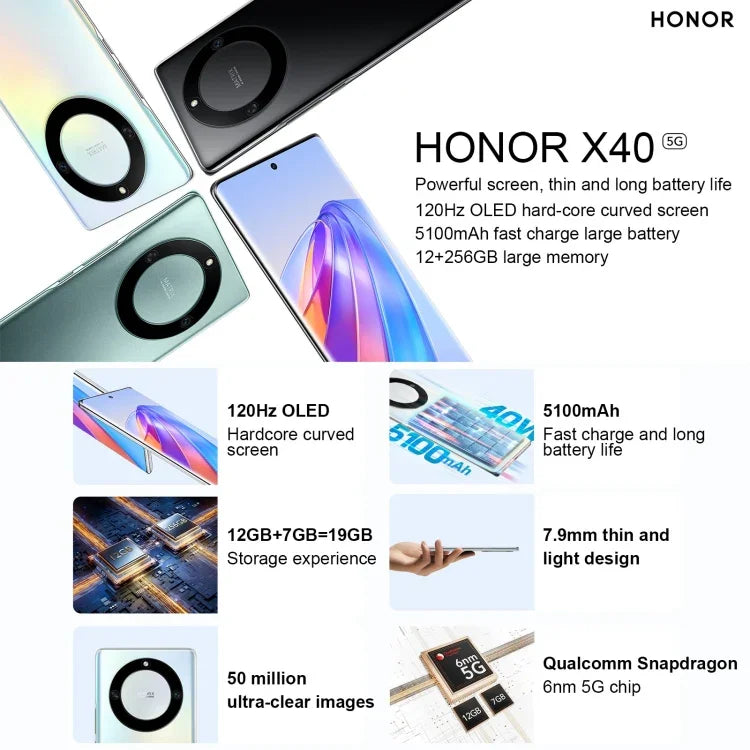 デュアル背面カメラ、画面内指紋認証、5100mAhバッテリー、6.67インチ Magic UI 6.1 / Android 12、Snapdragon 695 オクタコア 最大2.2GHz、ネットワーク：5G、OTG、Google Play非対応、6GB+128GB