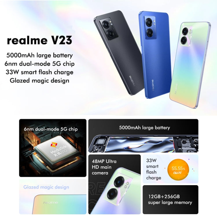 デュアル背面カメラ、側面指紋認証、5000mAhバッテリー、6.58インチ Realme UI 3.0 / Android 12、MediaTek Dimensity 810 オクタコア 最大2.4GHz、ネットワーク：5G、Google Play対応、12GB+256GB