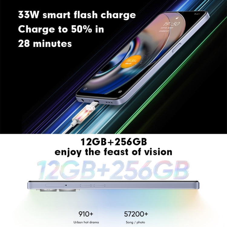 デュアル背面カメラ、側面指紋認証、5000mAhバッテリー、6.58インチ Realme UI 3.0 / Android 12、MediaTek Dimensity 810 オクタコア 最大2.4GHz、ネットワーク：5G、Google Play対応、12GB+256GB