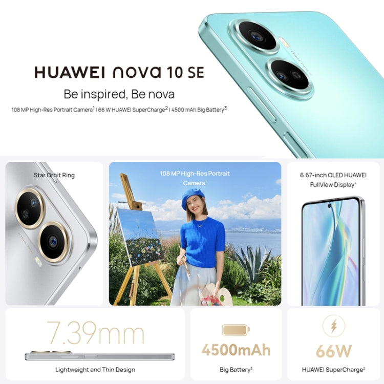 トリプル背面カメラ＋シングルフロントカメラ、側面指紋認証、6.67インチ HarmonyOS 2.0.1 Qualcomm Snapdragon 680 オクタコア、ネットワーク：4G、OTG、NFC、Google Play非対応、nova 10 SE 256GB