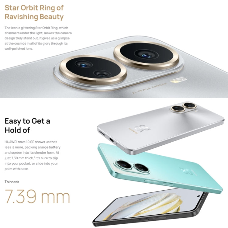トリプル背面カメラ＋シングルフロントカメラ、側面指紋認証、6.67インチ HarmonyOS 2.0.1 Qualcomm Snapdragon 680 オクタコア、ネットワーク：4G、OTG、NFC、Google Play非対応、nova 10 SE 256GB