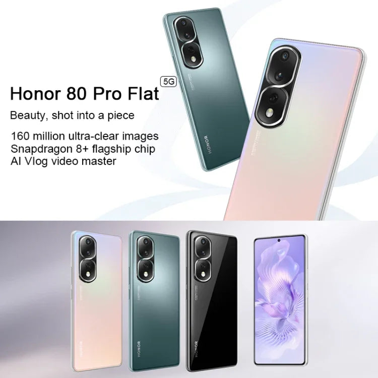 トリプル背面カメラ、画面内指紋認証、6.67インチ Magic UI 7.0 Qualcomm Snapdragon 8+ Gen1 オクタコア 最大3.0GHz、ネットワーク：5G、OTG、NFC、Google Play非対応、Honor 80 Pro Flat 5G、12GB+256GB