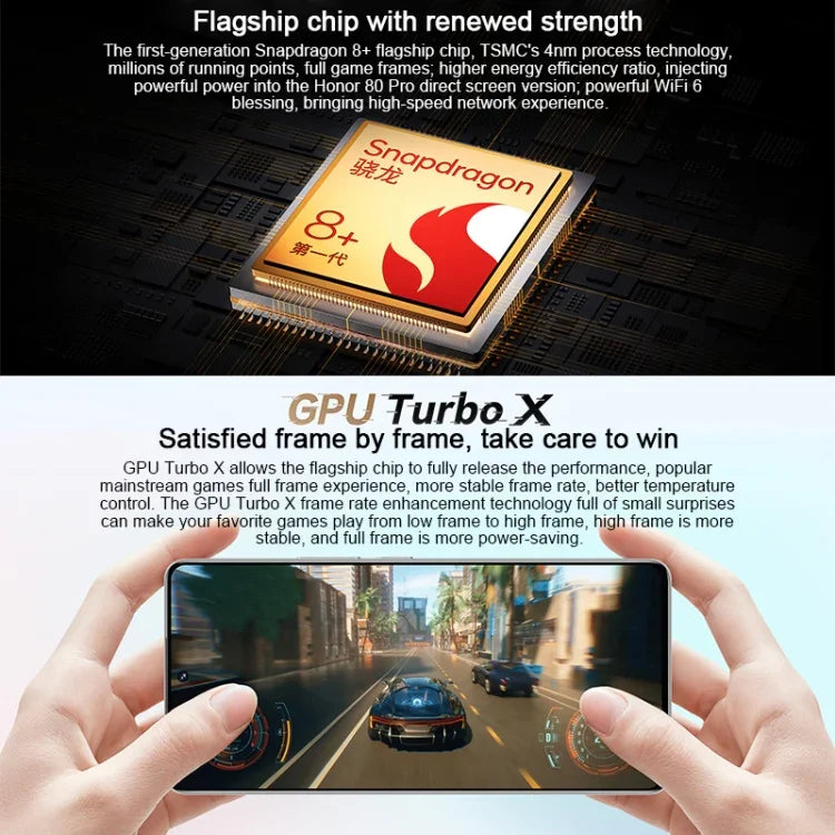 トリプル背面カメラ、画面内指紋認証、6.67インチ Magic UI 7.0 Qualcomm Snapdragon 8+ Gen1 オクタコア 最大3.0GHz、ネットワーク：5G、OTG、NFC、Google Play非対応、Honor 80 Pro Flat 5G、12GB+256GB