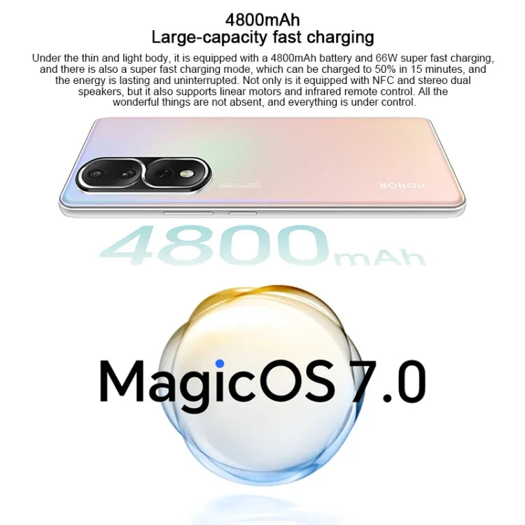 トリプル背面カメラ、画面内指紋認証、6.67インチ Magic UI 7.0 Qualcomm Snapdragon 8+ Gen1 オクタコア 最大3.0GHz、ネットワーク：5G、OTG、NFC、Google Play非対応、Honor 80 Pro Flat 5G、12GB+256GB