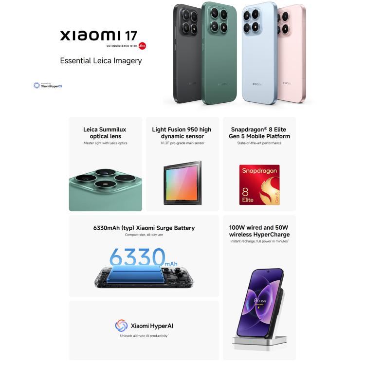 Xiaomi 17 Global、12GB+256GB、超音波指紋認証、6.3インチ Xiaomi HyperOS 3 Snapdragon 8 Elite Gen 5 オクタコア、NFC、ネットワーク：5G、12GB+256GB