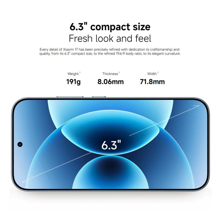 Xiaomi 17 Global、12GB+256GB、超音波指紋認証、6.3インチ Xiaomi HyperOS 3 Snapdragon 8 Elite Gen 5 オクタコア、NFC、ネットワーク：5G、12GB+256GB