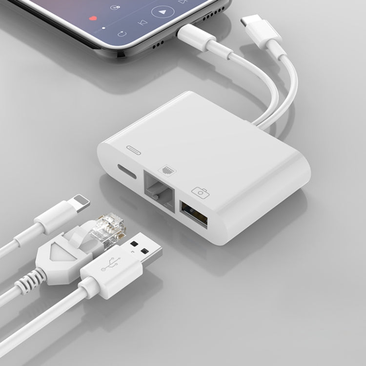 NK-107 Pro 3-in-1 USB-C / Type-C + 8ピンオス から USB + RJ45 + 8ピン充電メス インターフェースアダプター NK-107 Pro
