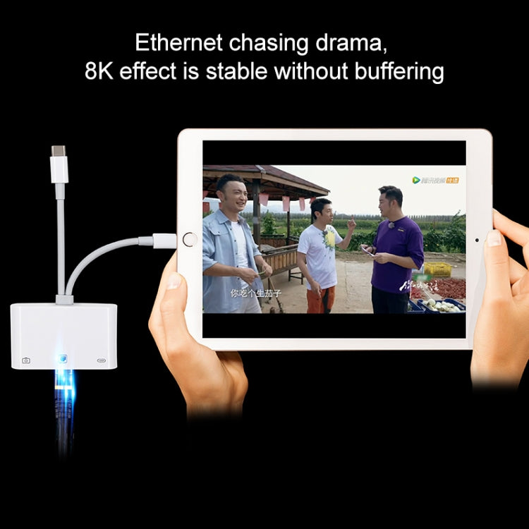NK-107 Pro 3-in-1 USB-C / Type-C + 8ピンオス から USB + RJ45 + 8ピン充電メス インターフェースアダプター NK-107 Pro