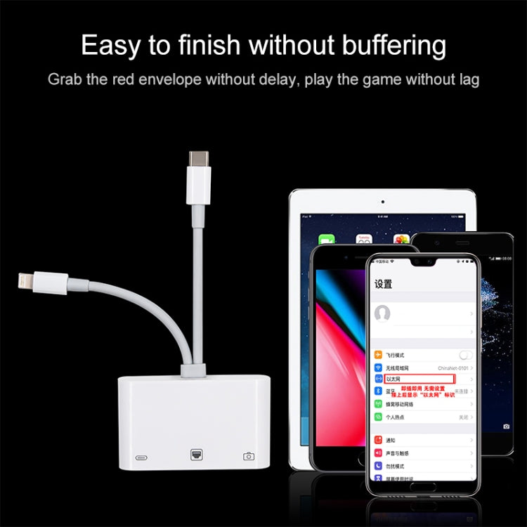 NK-107 Pro 3-in-1 USB-C / Type-C + 8ピンオス から USB + RJ45 + 8ピン充電メス インターフェースアダプター NK-107 Pro