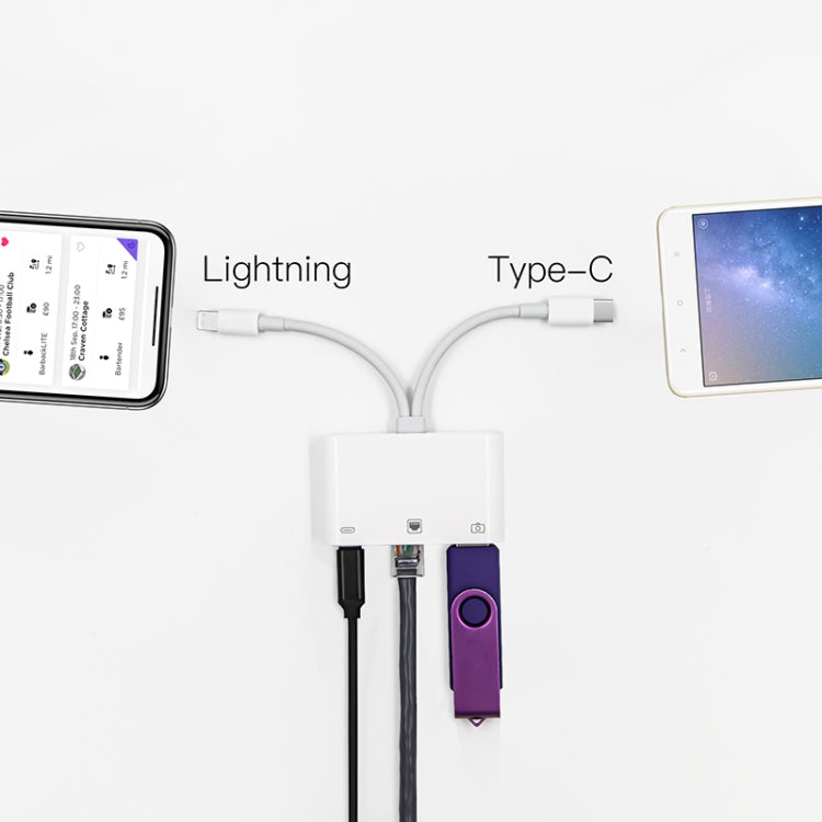NK-107 Pro 3-in-1 USB-C / Type-C + 8ピンオス から USB + RJ45 + 8ピン充電メス インターフェースアダプター NK-107 Pro