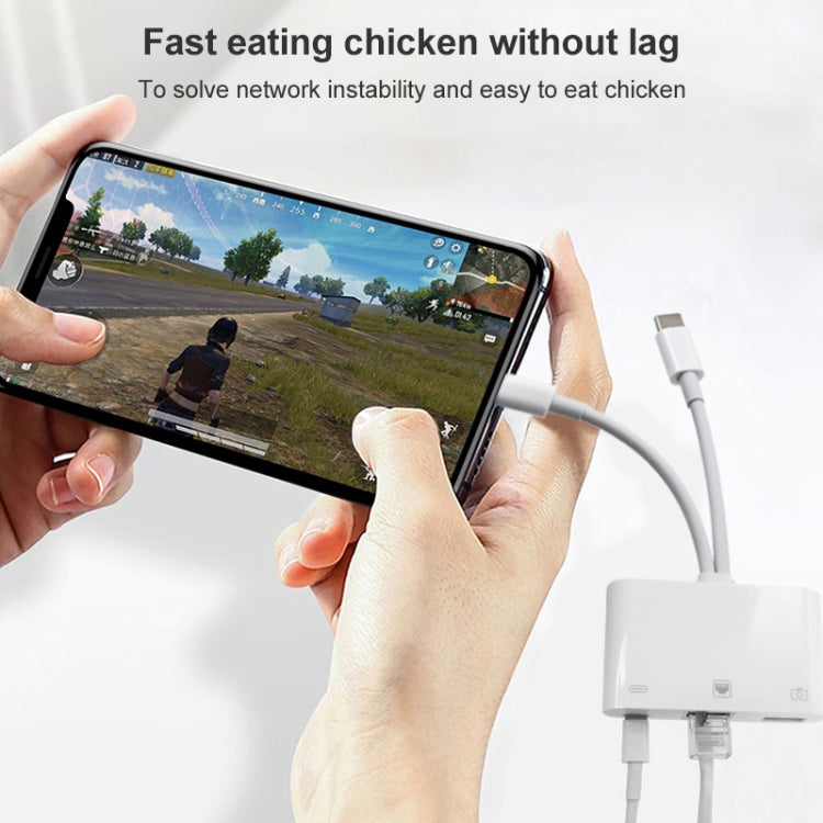 NK-107 Pro 3-in-1 USB-C / Type-C + 8ピンオス から USB + RJ45 + 8ピン充電メス インターフェースアダプター NK-107 Pro