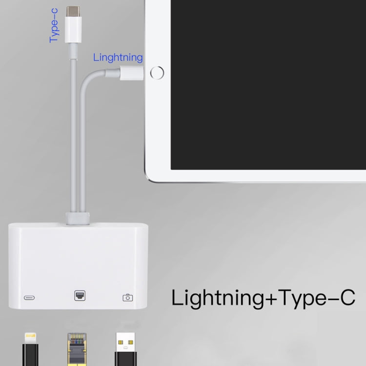 NK-107 Pro 3-in-1 USB-C / Type-C + 8ピンオス から USB + RJ45 + 8ピン充電メス インターフェースアダプター NK-107 Pro