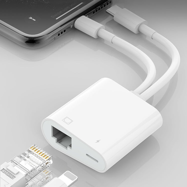 NK-1035 Pro 2-in-1 USB-C / Type-C + 8ピンオス から RJ45 + 8ピン充電メス インターフェースアダプター NK-1035 Pro