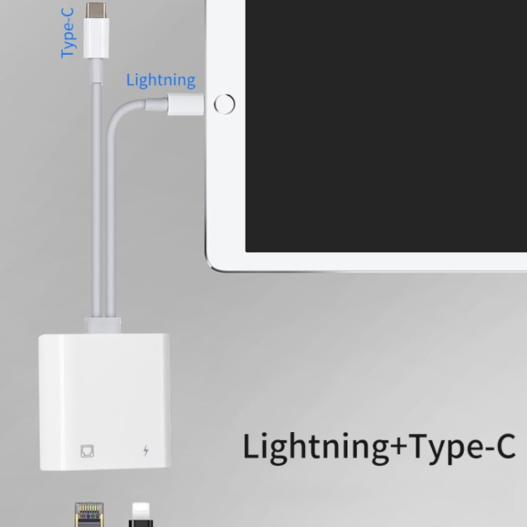 NK-1035 Pro 2-in-1 USB-C / Type-C + 8ピンオス から RJ45 + 8ピン充電メス インターフェースアダプター NK-1035 Pro