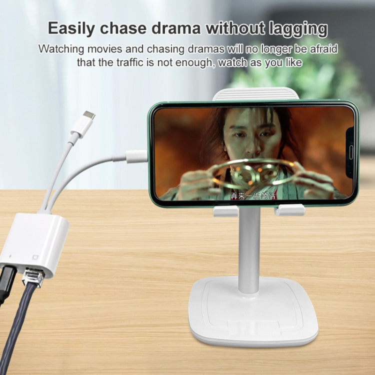 NK-1035 Pro 2-in-1 USB-C / Type-C + 8ピンオス から RJ45 + 8ピン充電メス インターフェースアダプター NK-1035 Pro