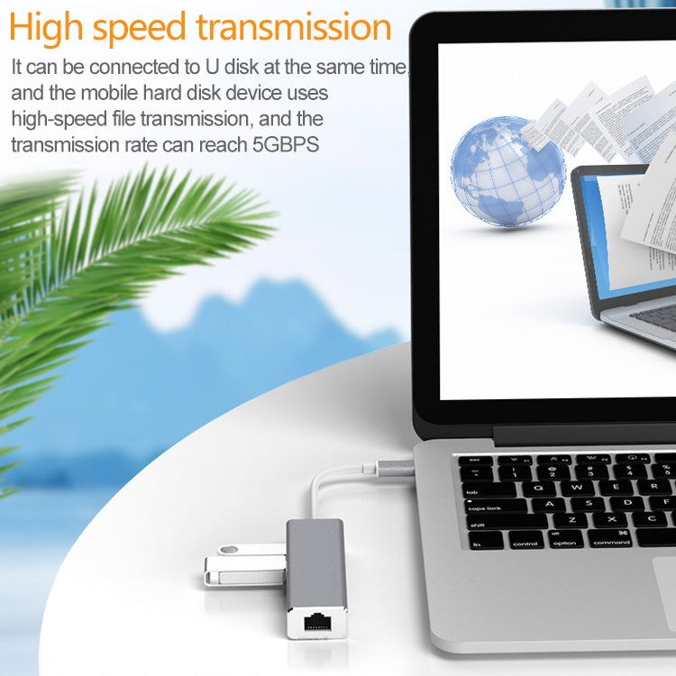 USB-C / Type-CからギガビットイーサネットRJ45＆3ポートUSB 3.0アダプターコンバーターハブ、コンピュータ外付けタブレット電話対応、ギガビットイーサネット