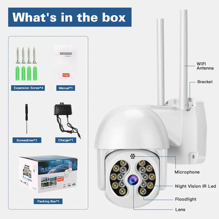 Tuya QX56 300万画素 IP66防水 2.4GワイヤレスIPカメラ Amazon Alexa & Google Home対応 モーション検知・双方向音声・フルカラーナイトビジョン・TFカード対応 EUプラグ Amazon Alexa & Google Home対応