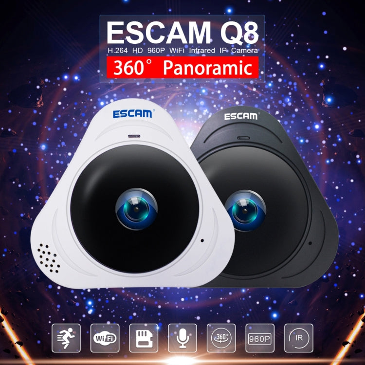 ESCAM Q8 960P 360度 魚眼レンズ 1.3MP WiFi IPカメラ、動体検知／ナイトビジョン対応、赤外線距離：5-10m、AUプラグ、Q8 USプラグ、Q8 AUプラグ、Q8 EUプラグ、Q8 UKプラグ