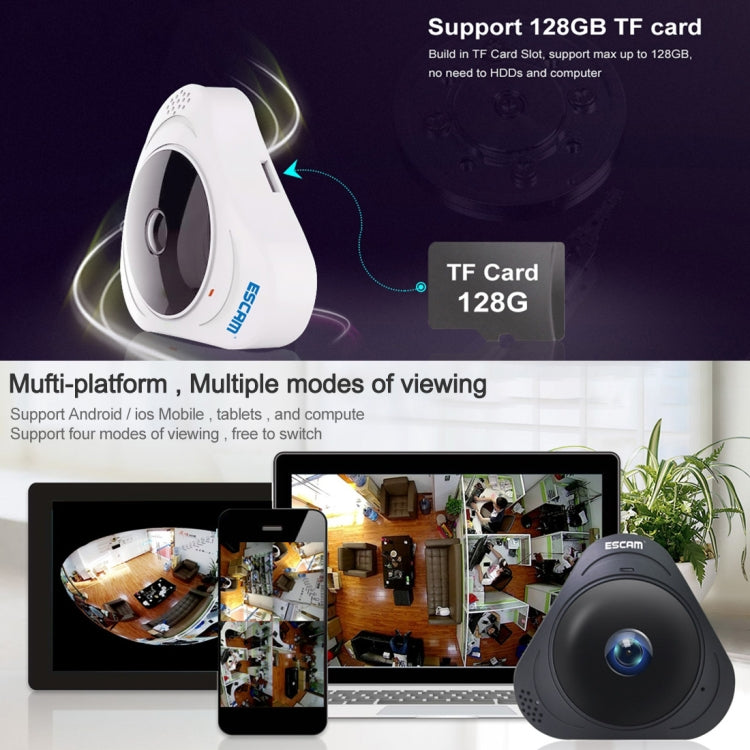 ESCAM Q8 960P 360度 魚眼レンズ 1.3MP WiFi IPカメラ、動体検知／ナイトビジョン対応、赤外線距離：5-10m、AUプラグ、Q8 USプラグ、Q8 AUプラグ、Q8 EUプラグ、Q8 UKプラグ