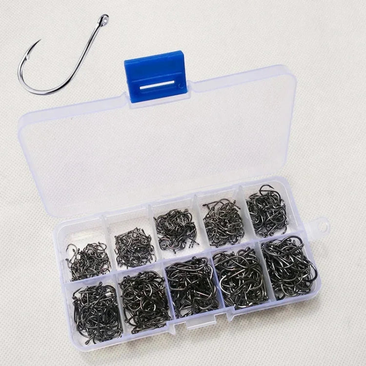 500個 混合サイズ 魚用バーブ付き釣り針 穴付き 6-15号