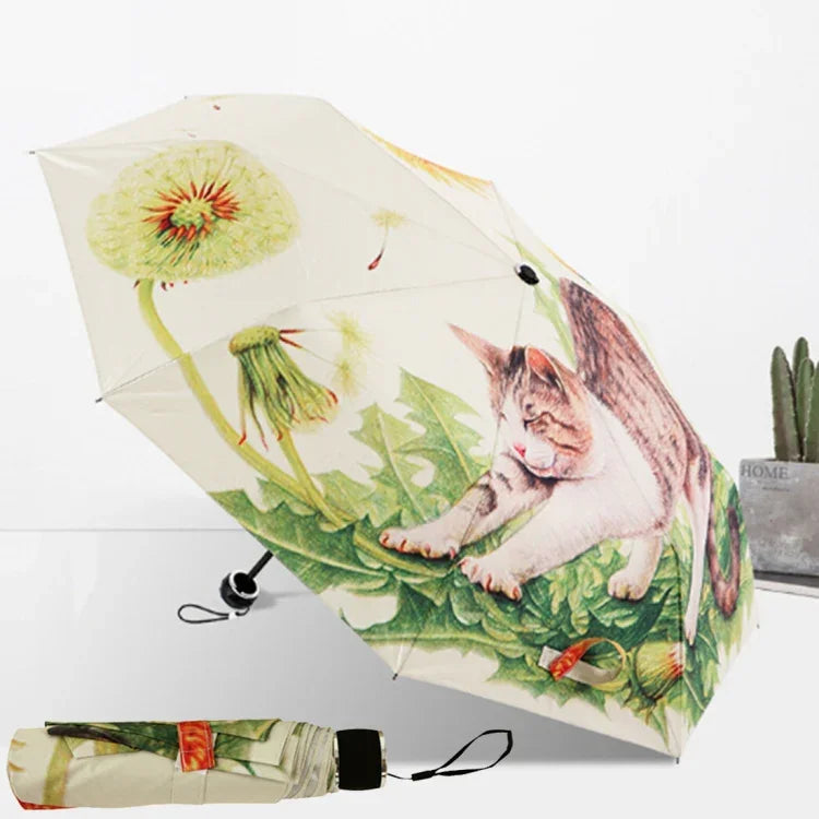 クリエイティブファッション 三つ折り レイジーキャット柄 銀テープ 紫外線防止 サンシェード傘、キャット柄銀テープ傘