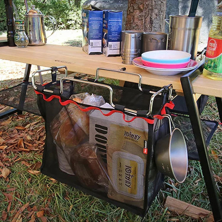 Outdoor Picnic Camping Foldable Mesh Basket Metal Bracket Cookware Holder Organizer Rack, Cookware Holder