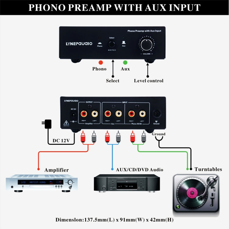B855 LINEPAUDIO 電話用プレフォノグラフ信号増幅器 補助入力と音量調整付き
