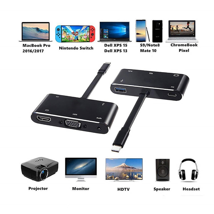 V126 USB-C / Type-C オスからPD＋HDMI＋VGA＋オーディオ＋USB 3.0 メス 5-in-1 コンバーター、5-in-1