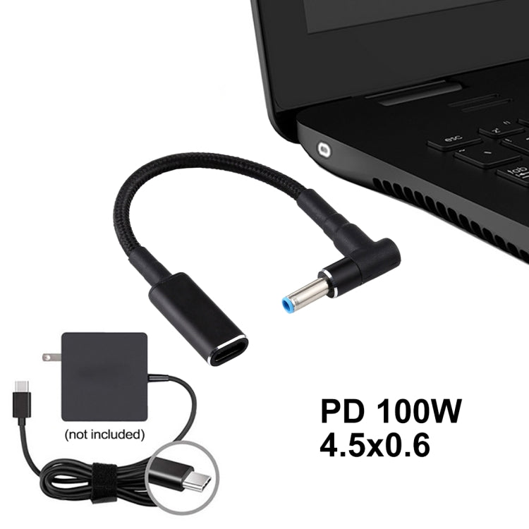 PD 100W 18.5-20V 4.5 x 0.6mm エルボー型 USB-C / Type-C アダプター ナイロン編組ケーブル HP用、4.5 x 0.6mm