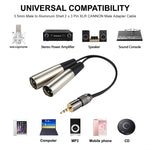 金属ヘッド3.5mmオスからアルミシェル2×3ピンXLR CANNONオスオーディオコネクターアダプターケーブル、全長約25cm、2×3ピンオス