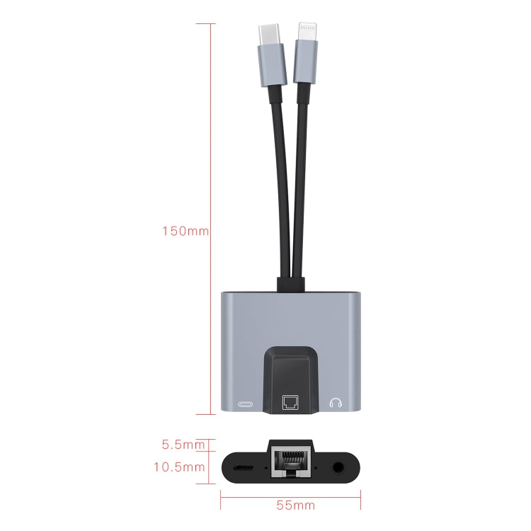 NK-1056Pro 3-in-1 8ピン + USB-C / Type-C オス to 8ピン 充電＋イーサネット＋3.5mmイヤホン メスアダプター, NK-1056Pro