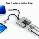 NK-1056Pro 3-in-1 8ピン + USB-C / Type-C オス to 8ピン 充電＋イーサネット＋3.5mmイヤホン メスアダプター, NK-1056Pro