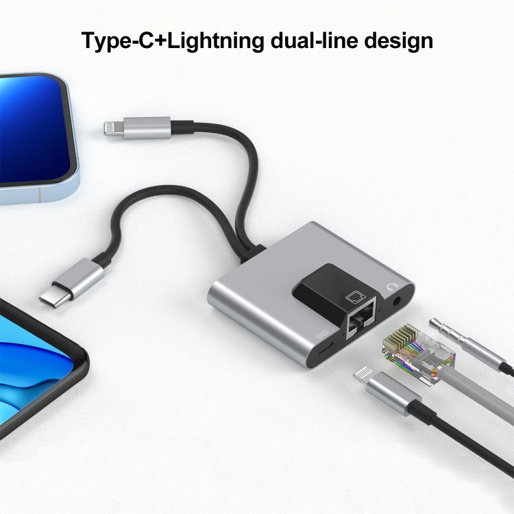 NK-1056Pro 3-in-1 8ピン + USB-C / Type-C オス to 8ピン 充電＋イーサネット＋3.5mmイヤホン メスアダプター, NK-1056Pro